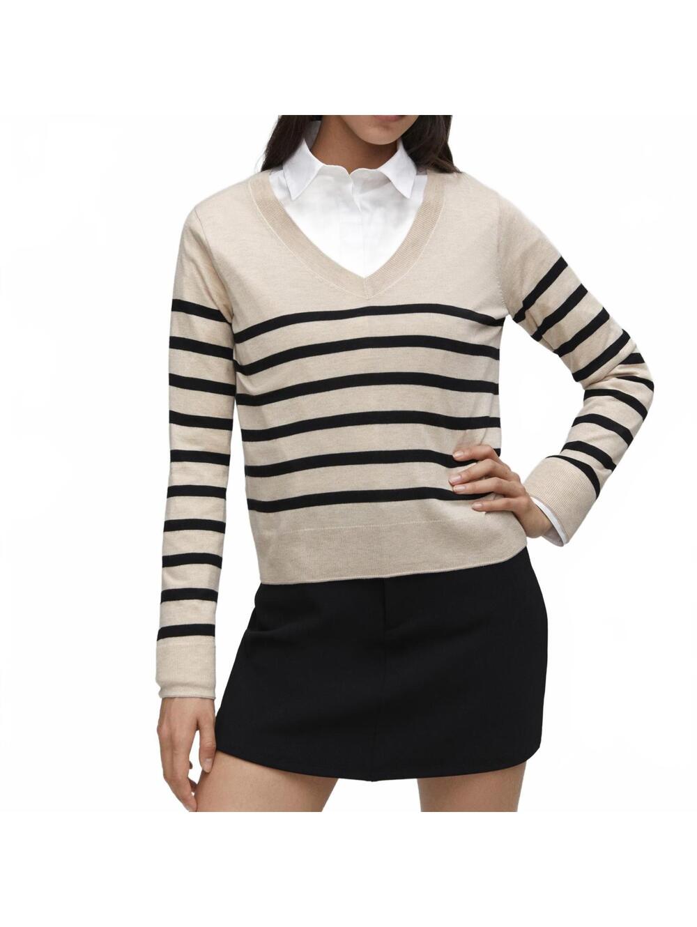 Mango Cashmere Blend V-Neck Striped Fine-Knit Sweater Luccavr Beige Black NWT XS
